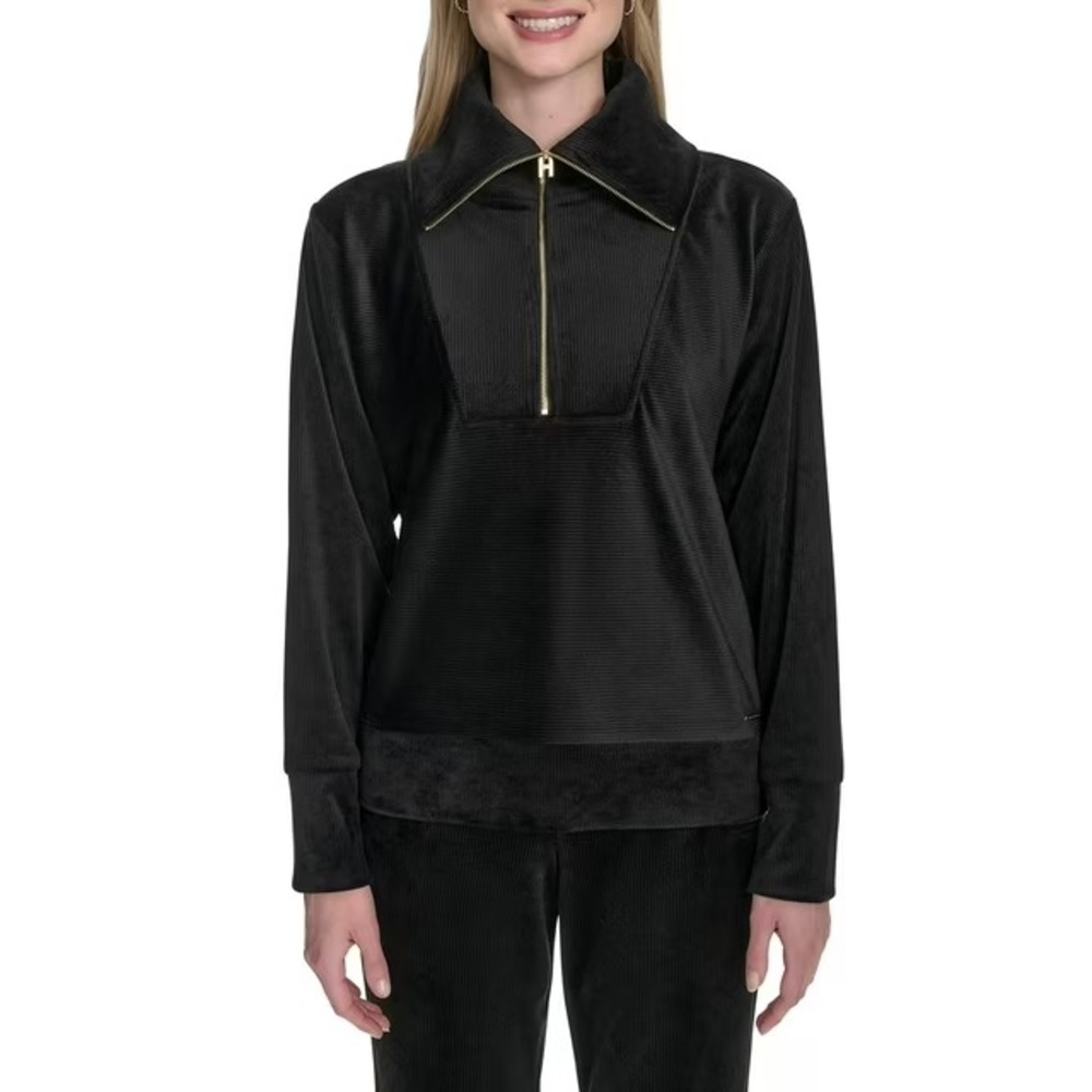 Halston Womens Velour Quarter-Zip Pullover XXL Black Ribbed Gold Hardware